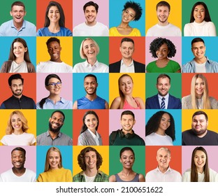 Positive men and women of various nationalities and generations, set of closeup portraits on colorful backgrounds, creative image. Peoples lifestyles, international communities concept