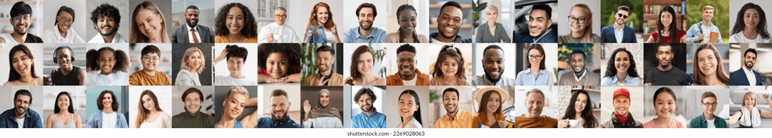Positive multicultural people men   women different ages  children  teenagers smiling at camera  set closeup outdoors   indoors photos  collage  banner for diversity concept
