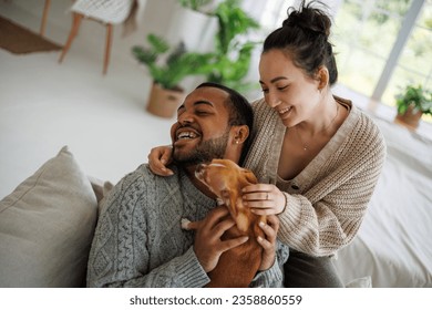 Positive multiethnic couple in warm sweaters playing with chihuahua dog on armchair at home - Shutterstock ID 2358860559