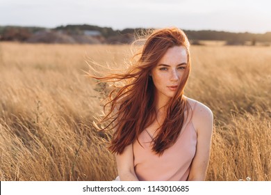 Positive Natural Close Up Portrait Of Young Gorgeous Caucasian Ginger Girl With Freckles. Healthy Lifestyle, Beauty, Natural Concept