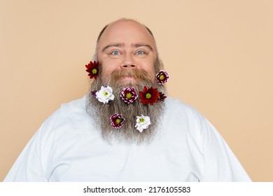Positive Overweight Man With Floral Decor In Beard Looking At Camera Isolated On Beige