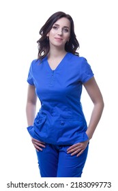 Positive Professional Female GP Doctor Posing In Blue Doctor Smock On Pure White Background.Vertical Image