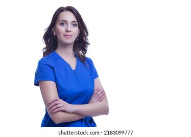 Positive Professional Female GP Doctor Posing In Blue Doctor Smock On Pure White Background. Horizontal Composition