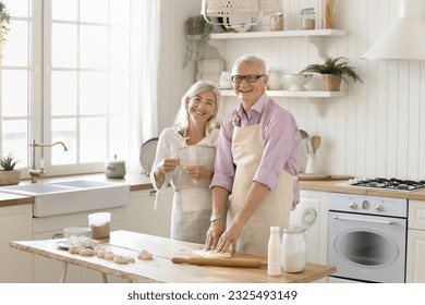 Positive retired grey haired couple enjoying cooking culinary activities in kitchen, baking fresh buns, preparing dessert, rolling dough on table, looking at camera, smiling, laughing. Home portrait - Powered by Shutterstock