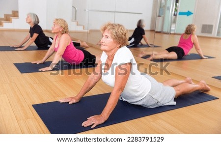 Positive senior lady with group of aged women exercising Hatha yoga poses in modern yoga studio, doing Upward Facing Dog stretching pose.