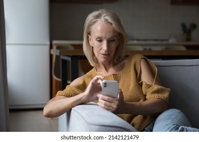 Positive Senior Smartphone User Woman Browsing Internet, Social Media On Cell, Reading Text On Screen, Typing Online Chat Message, Shopping On Web Stores, Using Virtual Service. Communication Concept