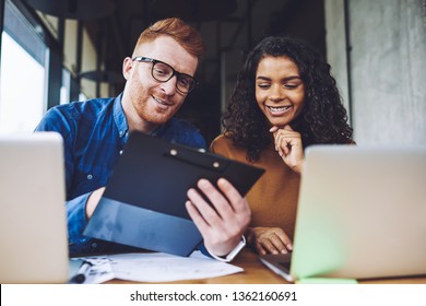 Positive Successful Diversity Freelance Colleagues Analyzing Stock ...