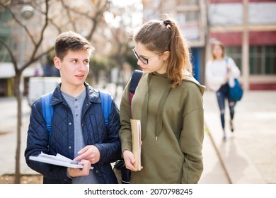 Positive Teenage Friends Discuss Past Lessons On The Street Near College Building