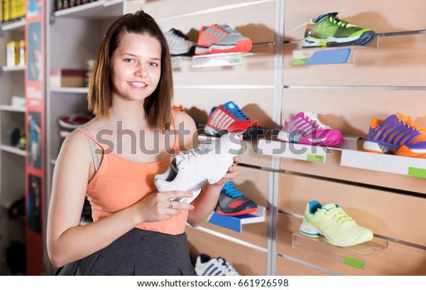 Positive Teenage Girl Buying Professional Shoes Stock Photo Edit