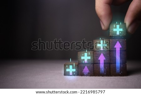 Positive things add value Place a cube with a purple arrow pointing up with a positive sign that glows blue to offer something positive or a cure for negative things.