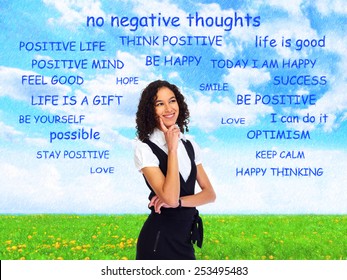 Positive Thinking Girl Over Abstract Background. Positivity Concept Design.