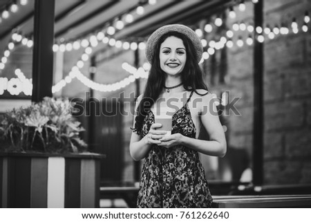 Similar – Young woman with closed eyes laughing over nature background