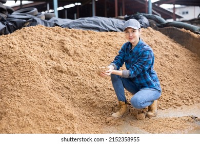 Positive woman farmer crouched down near big pile of beer bagasse, natural cattle feed, checking quality of forage