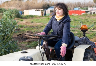 Positive Woman Working On Small Farm Tractor. High Quality Photo