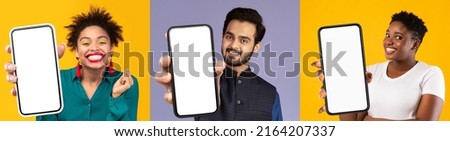 Positive young black ladies and indian guy showing newest cell phones with white empty displays and smiling at camera, enjoying newest entertaining mobile apps, set of photos, collage, mockup
