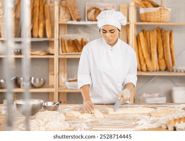 Positive young female baker cutting dough on table work space in bakehouse - Powered by Shutterstock