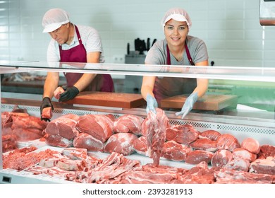 Positive young girl, professional butcher shop saleswoman, arranging meat products in display case, laying out fresh raw beef