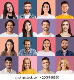 Positive young men and women of various nationalities, collage, set of closeup portraits on colorful studio backgrounds. Peoples lifestyles, diverse international communities concept
