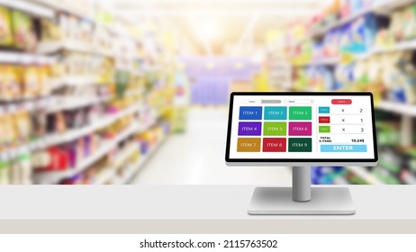 POS,Point of sale grocery or retail management system program concept.Modern touch screen cash register on white desk with blurred supermarket as background