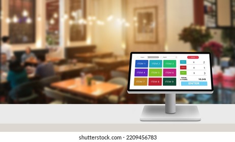 POS,Point of sale restaurant management system program concept.Modern touch screen cash register on white desk with blurred restaurant as background	 - Shutterstock ID 2209456783