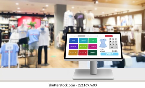 POS,Point of sale retail management system program concept.Modern touch screen cash register on white desk with blurred supermarket as background	 - Shutterstock ID 2211697603