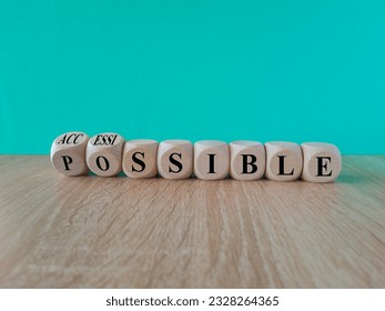 Possible and accessible symbol. Turned wooden cubes and changes the word possible to accessible. Business and possible or accessible concept. Beautiful blue background, copy space. - Shutterstock ID 2328264365