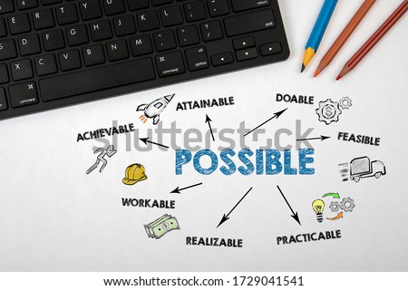 POSSIBLE. Achievable, Doable, Practicable and Workable concept. Black computer keyboard and colored pencils on a white table
