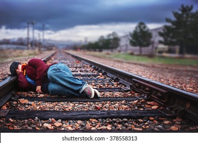 Man Tied Train Track Images, Stock 