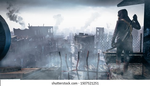 Post Apocalypse Survivor Concept, Ruins Of A City. Apocalyptic Landscape