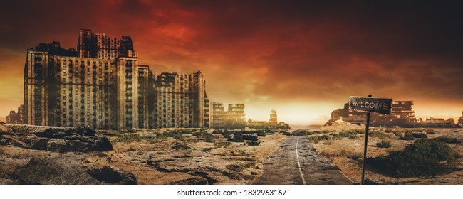 Постапокалиптическое фоновое изображение пустынного города с заброшенными и разрушенными зданиями, потрескавшейся дорогой и знаком.