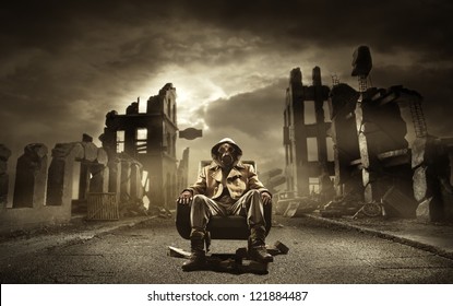 Post apocalyptic survivor in gas mask, destroyed city in the background