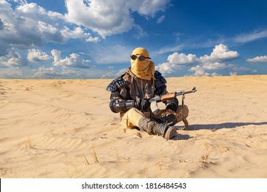 Post Apocalyptic Warrior Sitting In The Desert.