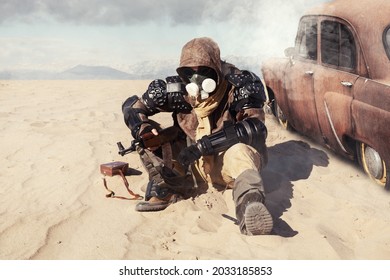 Post Apocalyptic Warrior Sitting In The Desert.