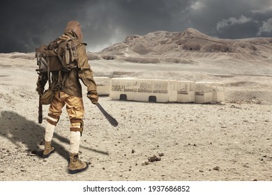 Post Apocalyptic Warrior Wandering In The Desert.