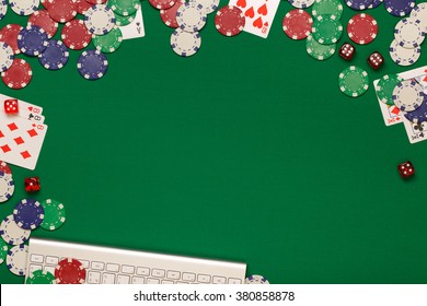 Post Blog Social Media Poker. View From Above With Copy Space. Banner Template Layout Mockup For Online Casino. Green Table, Top View On Workplace.