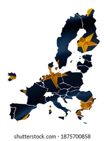 Post Brexit Europe Without The UK Concept With The Map Of The European Union As Of 2021 And The EU Flag Isolated On White Background With Clipping Path Cutout