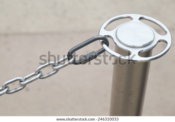 Post and chain serving as a barrier to control\
people in a line