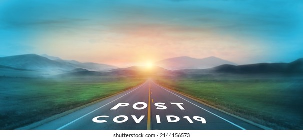 Post covid concept. Hope and better life. Economy, business growth, happy people and social. Normal life and living. Road, sunrise, mountain view background with POST COVID19 text.  - Shutterstock ID 2144156573