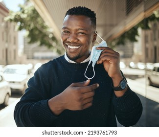 Post Covid Travel, Working Businessman With Mask In City After Lockdown Restrictions And Pandemic. African Worker Travel, Closeup Portrait Employee Smiling And Change Covid19 Job Safety Regulations.