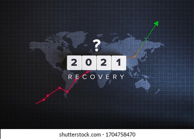 Post COVID-19 Global Economic Recovery and World Economy in 2021. Business, Financial, Industrial and Market Sector Comeback and Upturn. Up Arrow Stock Chart with World Map on the Black Background.
