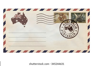 Post envelope with postage stamps of Australia and Australian continental and ocean fauna. Post envelope with Australia nature symbols. Vintage style. Isolated on a white background