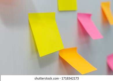 Post It. Many Blank Colored Sheets Sticky Note Paper On White Board Background In Home Office, Business Meeting, Brainstorming, Creative Idea, Digital Online Marketing And Business Financial Concept