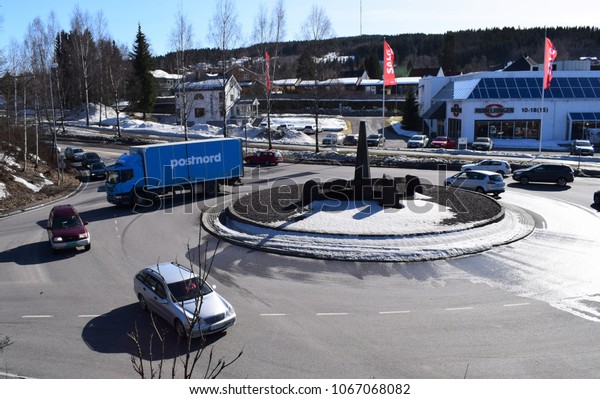 Post Nord truck inn roundabout - Kongsvinger,\
Norway (12th April 2018)