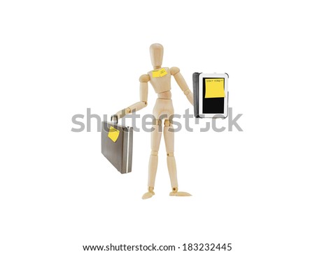 POST IT NOTES "DON'T FORGET" on Mannikin Briefcase and Digital Tablet held by Mannequin isolated on white background