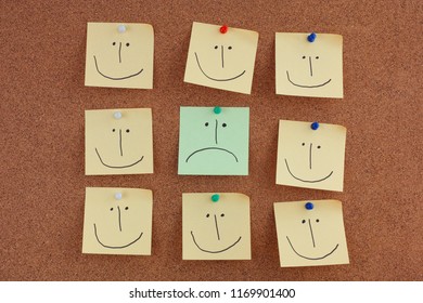 Post it notes with smiley face and sad faces on bulletin board. Close up.