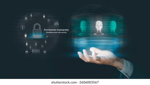 Post Quantum Cryptography and Cybersecurity. Businessman touched cloud computing digital transformation towards Quantum Deep Learning blockchain Artificial Intelligence Innovation Big data analytics