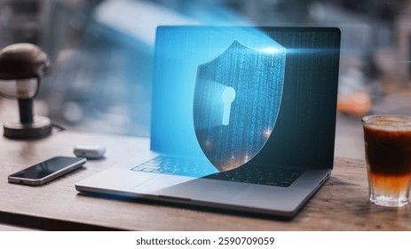 Post Quantum Cryptography and Quantum Resistant Cryptography. Shield Icon of Cyber Security Digital Data, Digital Data Network. Laptop with light shield code protection, creative idea. Personal data.