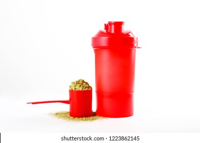 Post Workout Plant Based Muscle Recovery Hemp Protein For Vegans, Bodybuilders And Athletes. Healthy Dry Powder Supplement, Fitness Food, Omega 3 & 6 Rich. Background, Copy Space, Close Up.