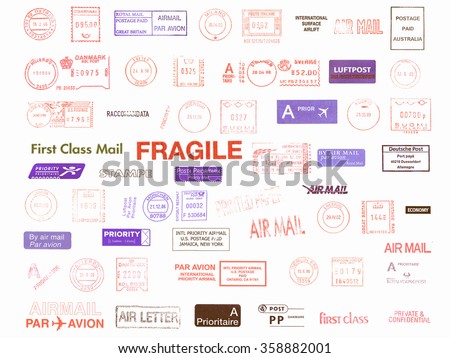  Postage meters, rubber stamps, mail labels isolated over white vintage