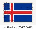 Postage stamp featuring the Icelandic flag. The Icelandic flag is prominent on this stamp. Icelandic flag design on a classic postage stamp. National flag of Iceland.